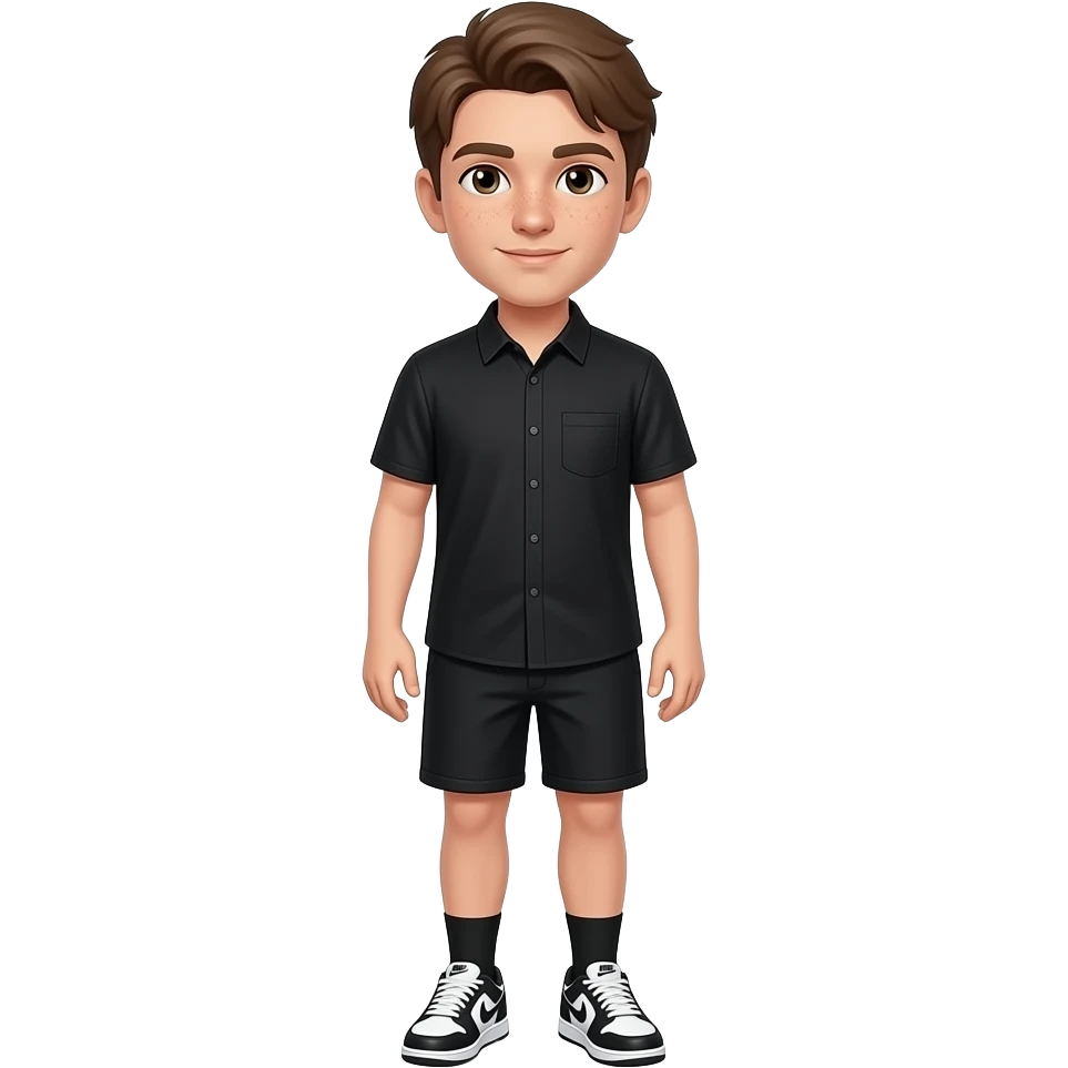 Brown hair frckles black shorts black shirt black sock black and white nike shoes emoji