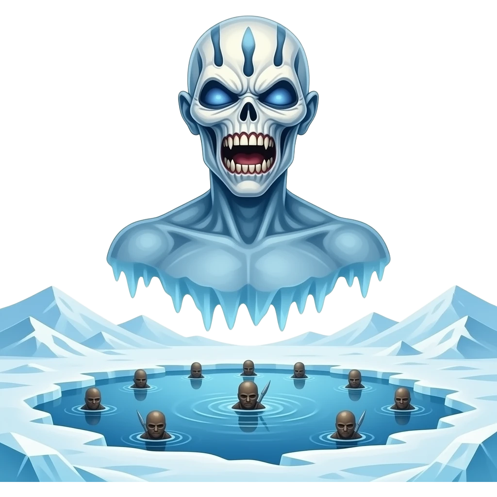 iron maiden eddie mascot - deformed ethereal upper body hovers over frozen landscape - a Gustave Doré piece, depicting traitors frozen in a lake of ice in the ninth circle of Dante's Inferno emoji