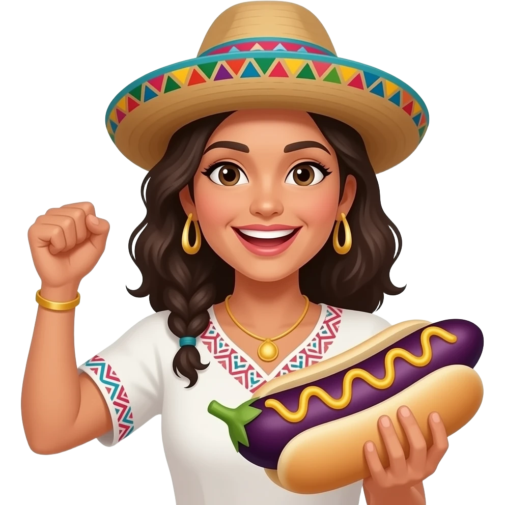 Mexican American woman with an eggplant hot dog celebrating a win emoji
