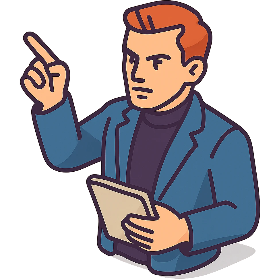 Bold and charismatic male leader, Caucasian, short auburn hair, sharp eyes, wearing indigo coat over black turtleneck, one arm raised giving direction, holding a tablet, waist-up emoji