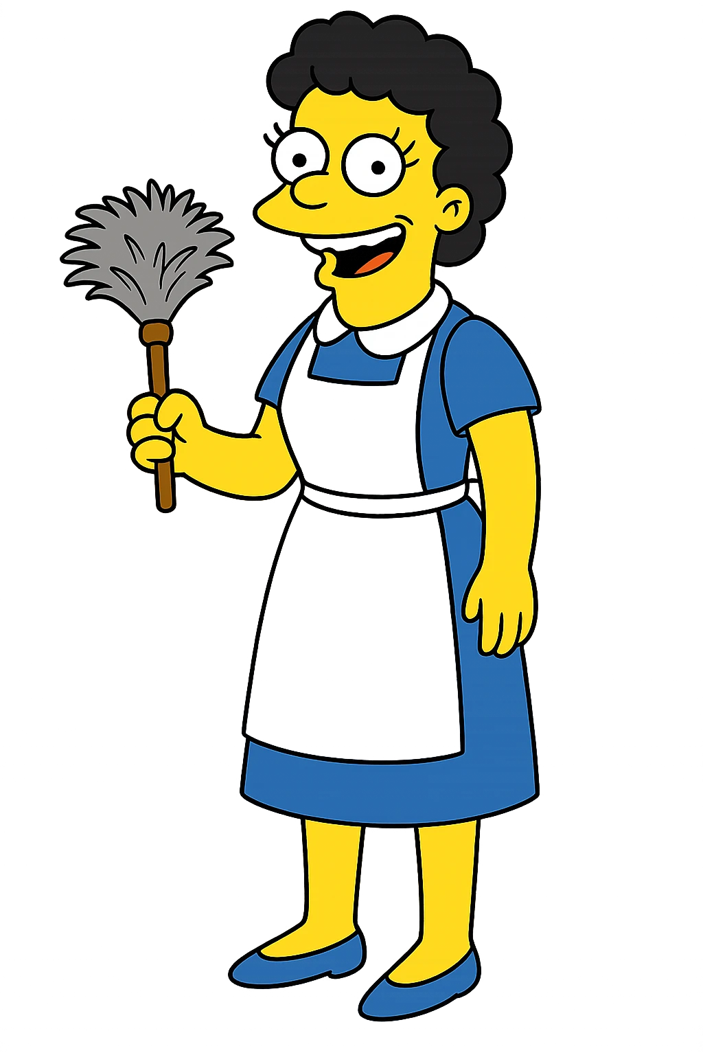 nanny in Simpsons cartoon style, yellow skin, blue dress, white apron, holding a feather duster, friendly expression emoji