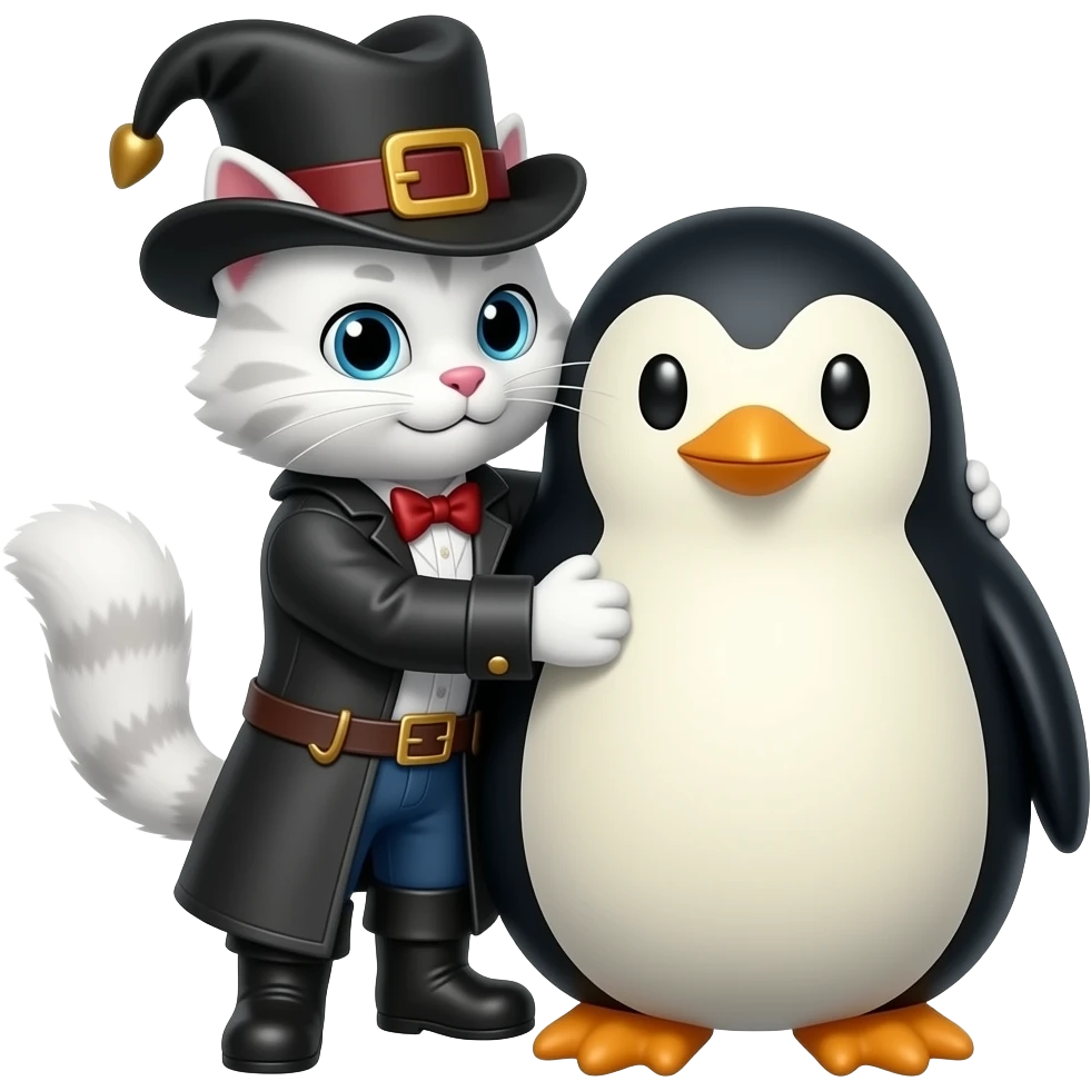 Please make a white-furred version of Puss in Boots and a potato that is penguin-shaped next to it. And they hug each other. emoji