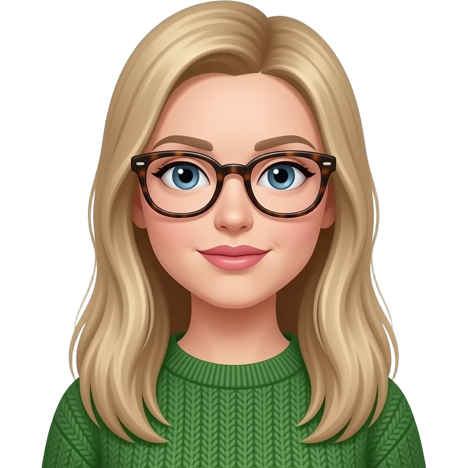 a white woman with long, straight very long dirty blonde hair. she should be wearing thick rimmed tortise shell glasses, pinker lips, wearing a green sweater and have small blue eyes. emoji