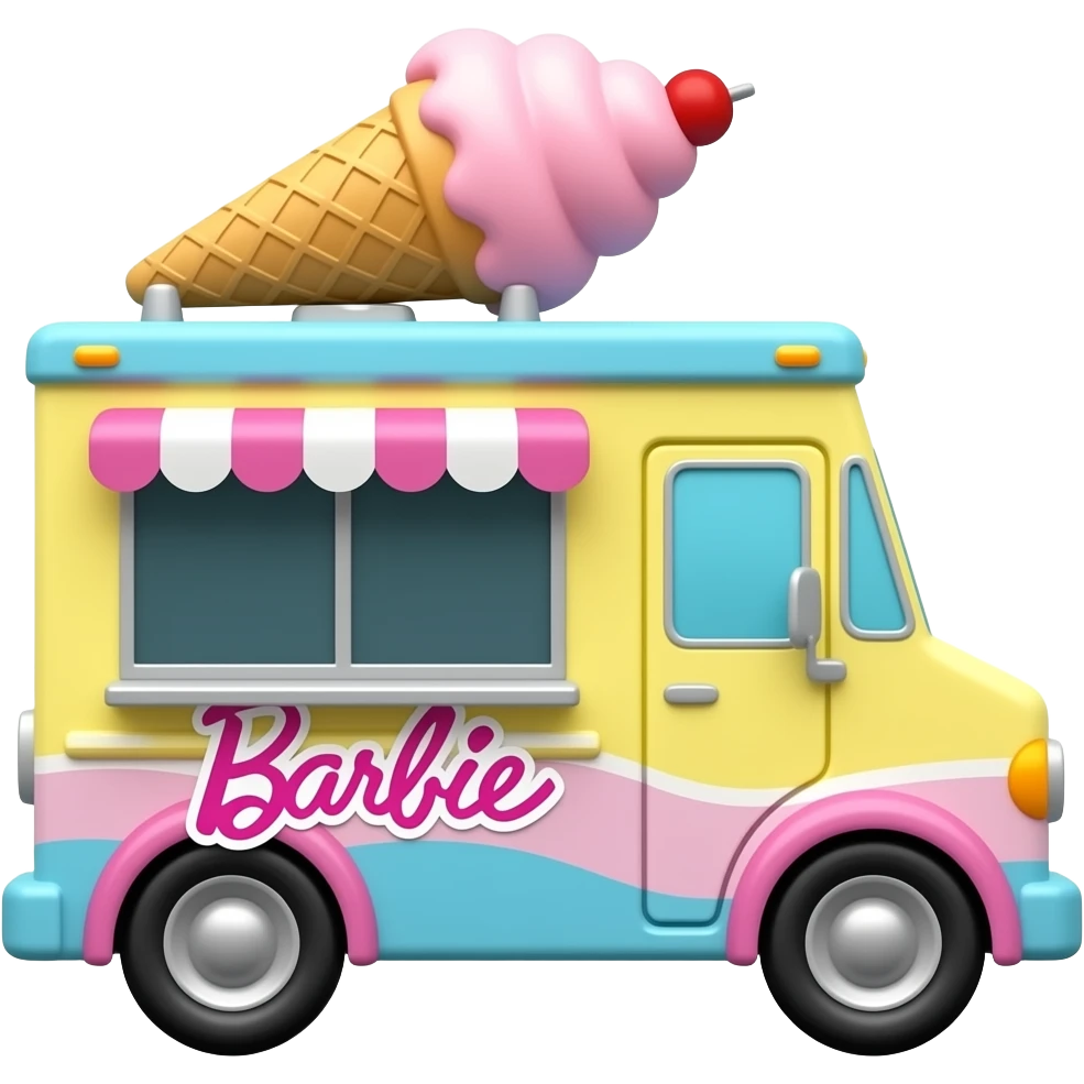 barbie ice cream truck with soft yellow pink blue colour give word barbie on truck emoji