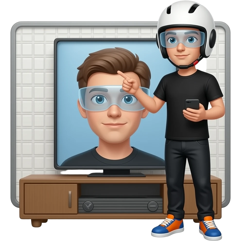 a young man in black t-shirt and a black pants wearing a white helmet with unvisible vision, the right shoe is colored blue and the left shoe is colored orange, the right hand holds a pointer and the left hand is holding a handy, he stand in front of a tv emoji
