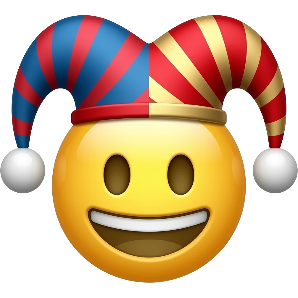 Happy Jester, Have his teeth smoothed out like a regular emoji, Give her dark eyes that seem a bit sad but not too sad, Make his hat bigger that's red and blue with red stripes, keep the top, add gold stripes to his hat at least 3 on each side. make the balls white emoji