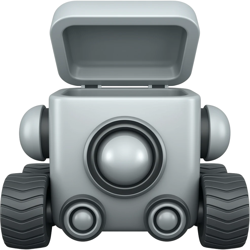 Gray rectangle with 6 wheels and a circle led shows robot eyes and a opening lid emoji