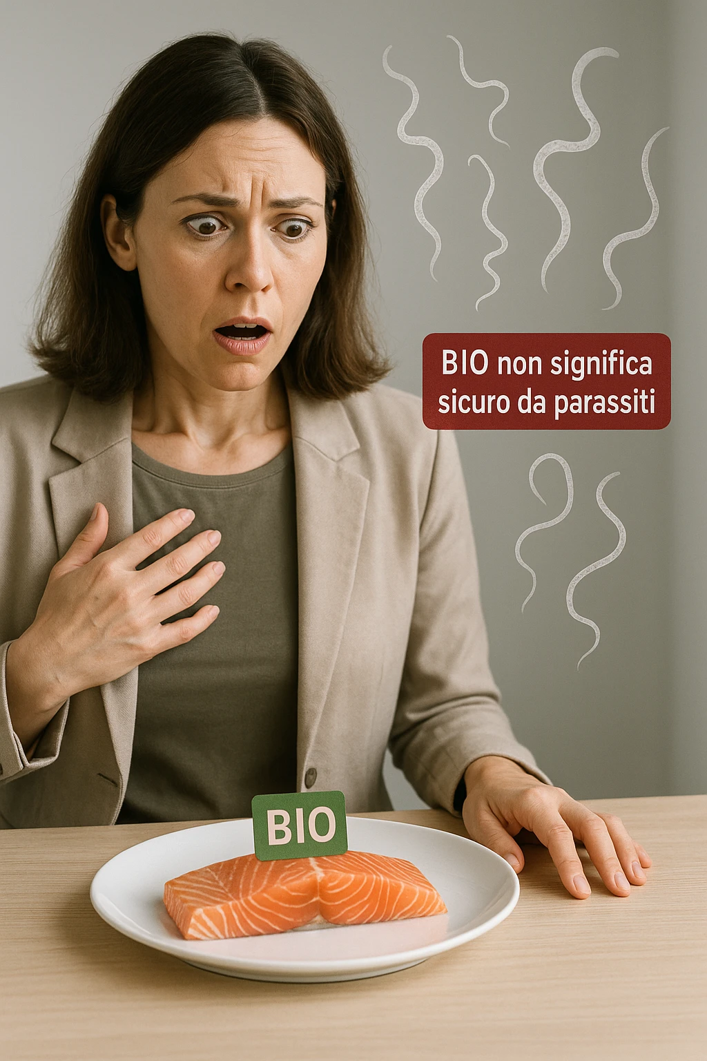 Donna tra i 30 e i 40 anni, seduta a tavola con espressione sorpresa e preoccupata mentre guarda un piatto elegante di salmone crudo etichettato 'BIO'. In trasparenza sopra il salmone si vedono parassiti intestinali stilizzati, come larve o vermi sottili, fluttuanti nell’aria. Accanto al piatto, una scritta fluttuante in stile etichetta rossa avverte: 'BIO non significa sicuro da parassiti'. Atmosfera visivamente pulita ma con tensione sottile, colori realistici con accento sul contrasto tra immagine 'salutare' e minaccia invisibile emoji