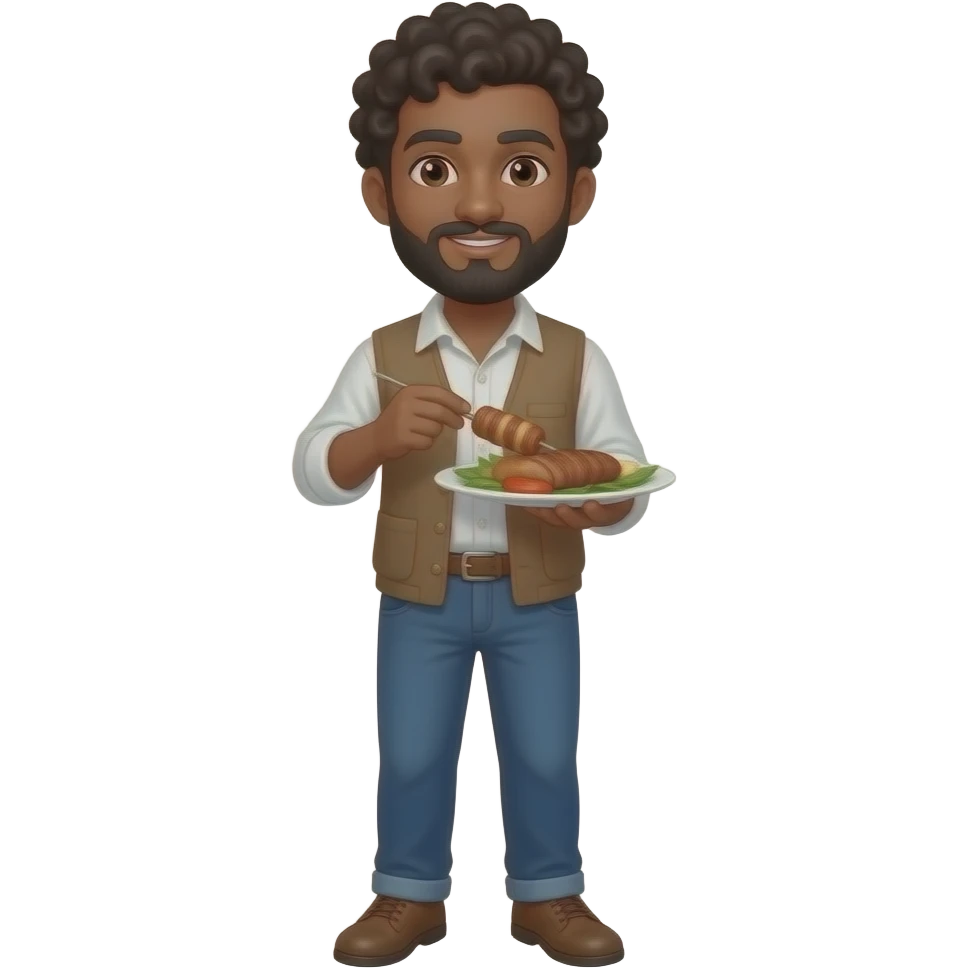 Un garçon bronze avec bouc et Moustache les cheveux bouclés serveur pas habiller en noir mais normzle qui sert un kebab emoji