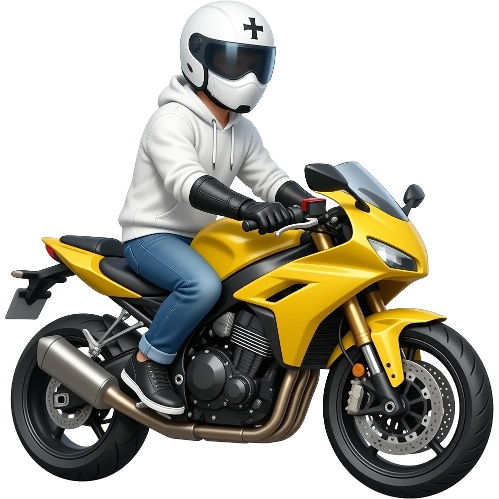 man wearing blue jeans, a white hoodie, black black gloves, a white crosshelmet with a dark eyes shield and a white mask on a yellow cross motorcycle emoji
