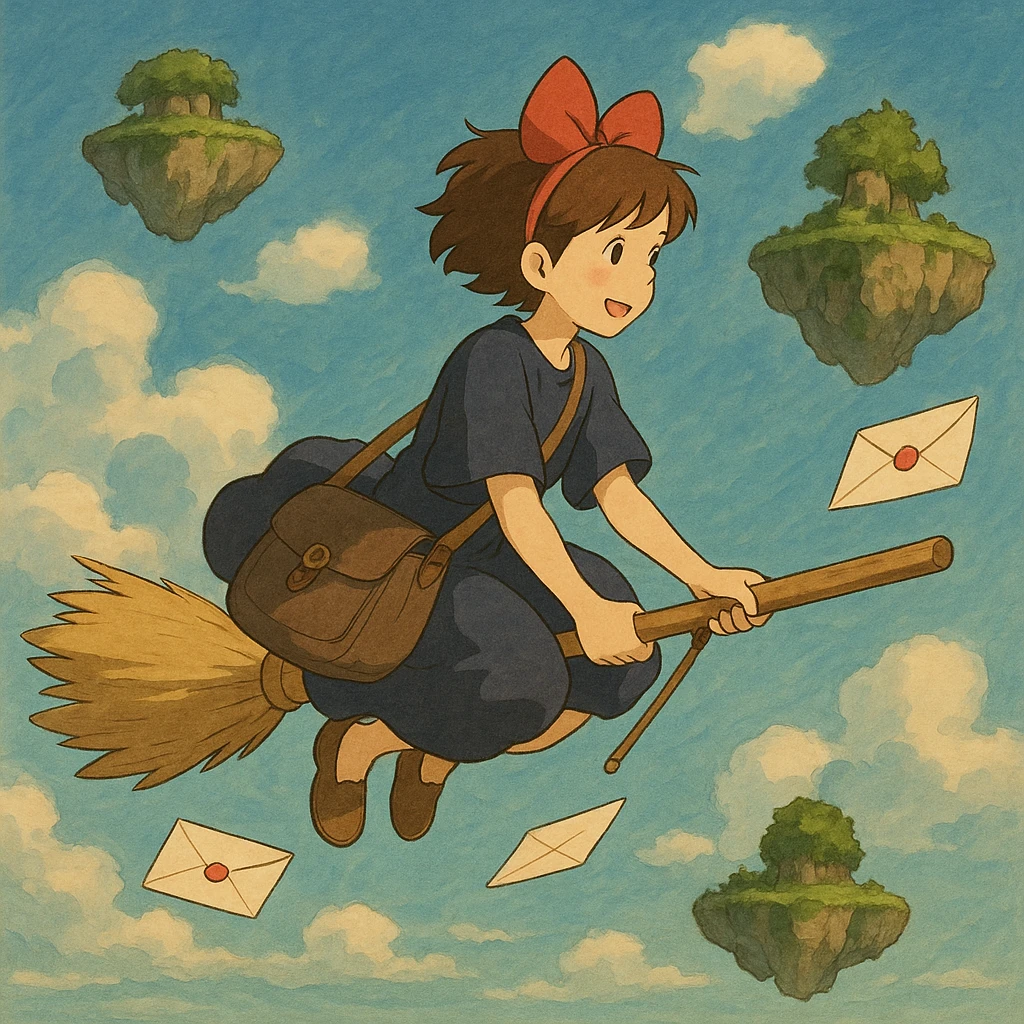 A mail carrier girl on a broomstick delivering letters to flying islands.

 emoji