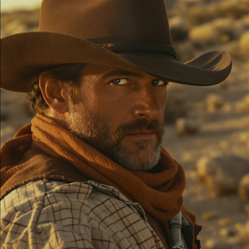 Cinematic , documentary photography, top angle medium shot, cowboy look eye brave, hard light golden hour, desert arizona, shot on arri alexa, 80s movie emoji