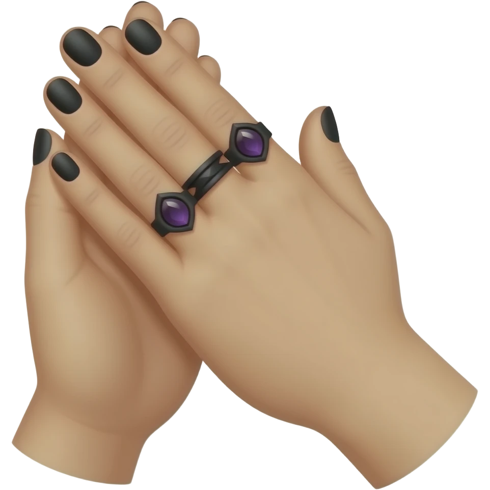 Hands clapping together left hand under, right hand on top with black nailpolish - and 2 black Gothic rings with small black and purple gemstones on one hand. Thumbs are on the same side. emoji