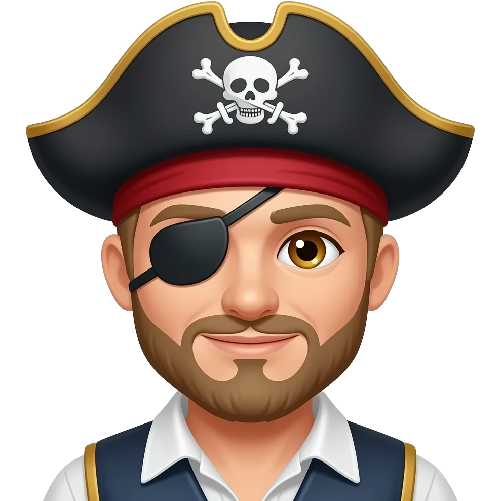 Pirata pelo corto rubio y blanco ojos cafés y parche en el ojo, barbilla en la pera y gorro pirata emoji