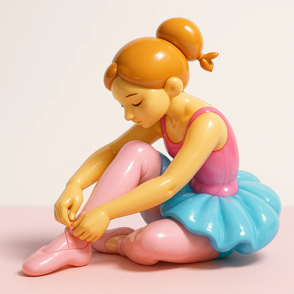 ballerina capuccina, sitting on stage, adjusting slippers, relaxed yet elegant, soft pastel colors, thoughtful mood emoji