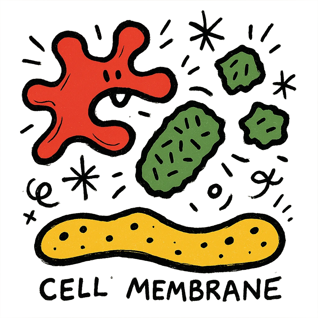Ultra-detailed emoji-style illustration of enzyme digestion: Red amylase breaking green starch into sugars near a yellow cell membrane. Clean white background, no text. Scientific but simple emoji
