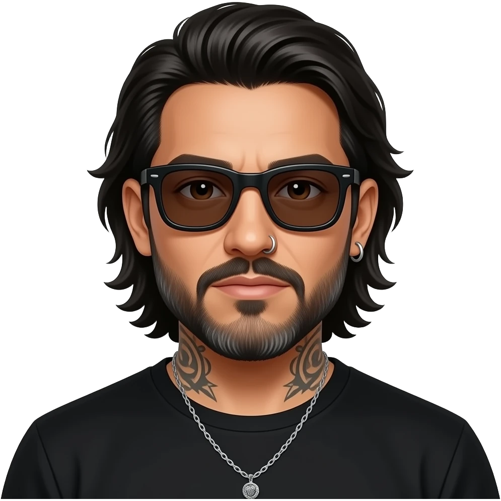 The handsome manly Latino podcast host with medium length hair, a long slightly graying beard and tattoos with his ears pierced 1 time each ear and a nose ring on the right side, dark brown eyes, wearing black, dark sunglasses, and jewelry, ready to fight emoji