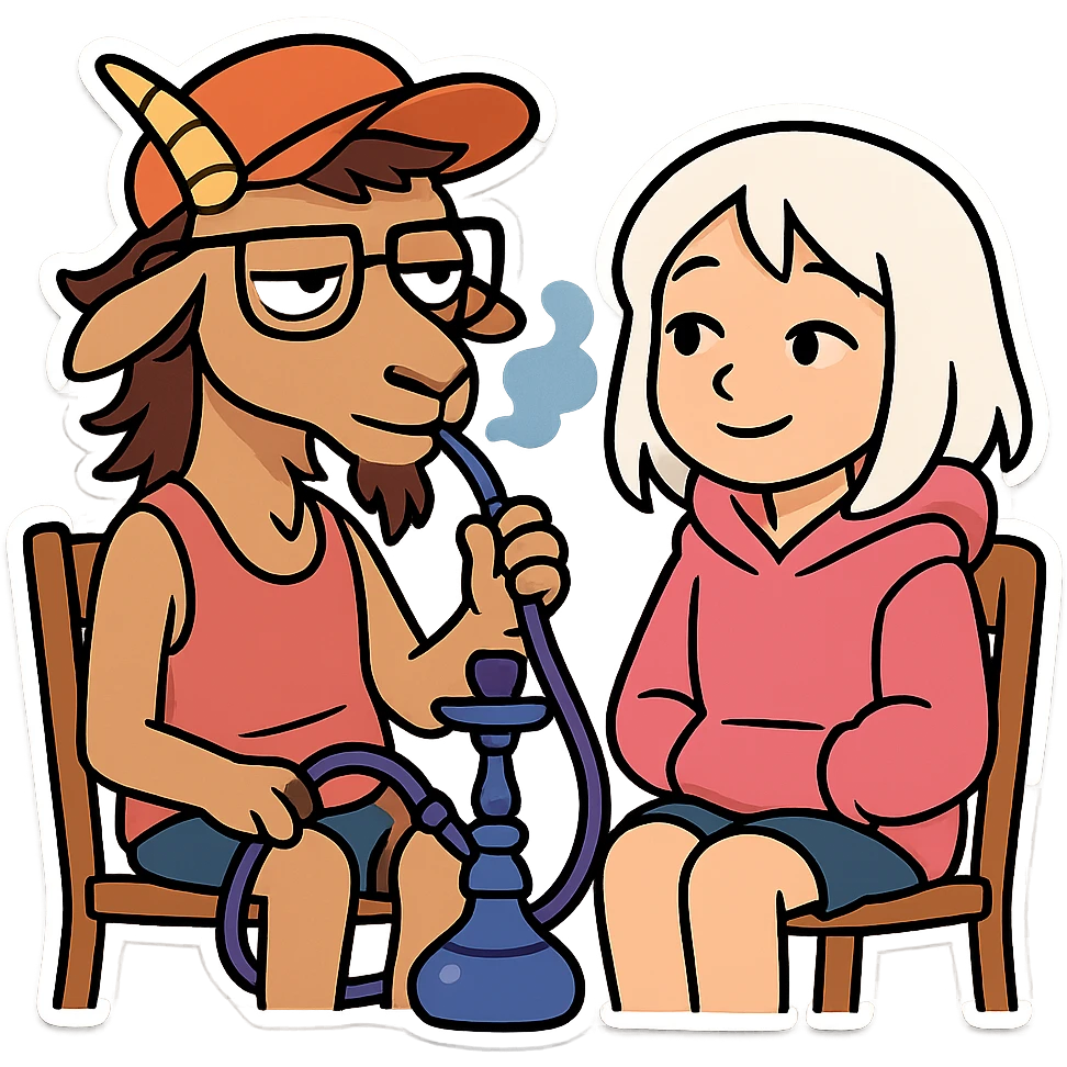 goat for Telegram stickers inspired by reference https://attic.sh/feoducyurkpqwz0la088soao98sx: wearing a cap, glasses, mullet hairstyle, pink drunkard tank top, sitting on a chair, smoking hooka with a girl. girl with white hair and pink hoodie https://i.ytimg.com/vi/x9PRt8xgy7Y/hqdefault.jpg . transparent background  emoji