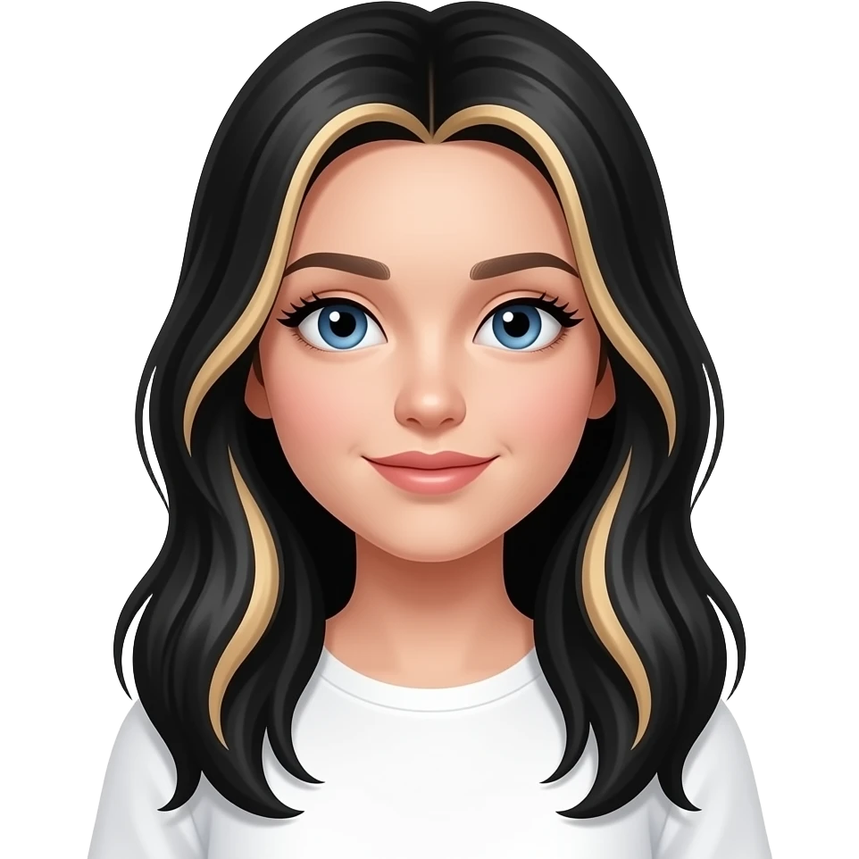 girl emoji with long black hair and blonde highlights and blue eyes with lashes and wearing a white top emoji