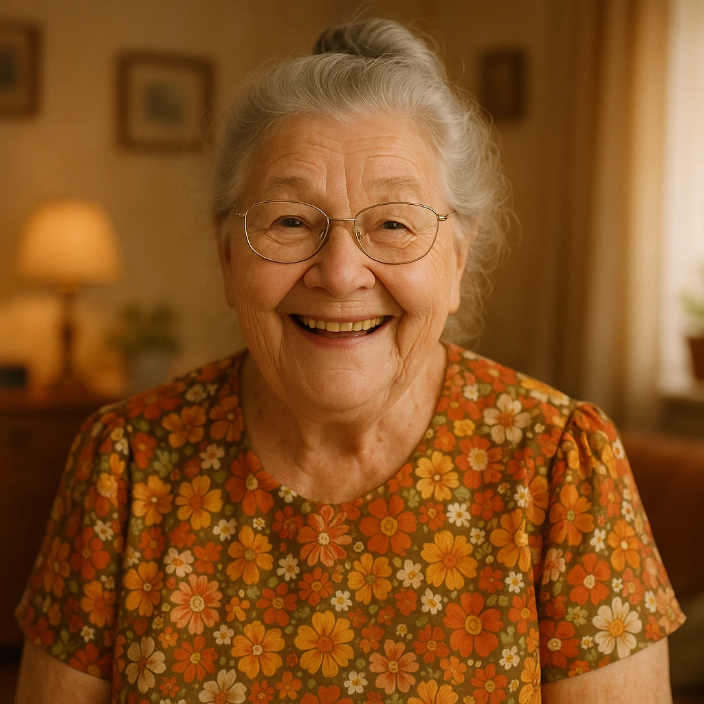 grandma with gray hair in a bun, floral dress, cheerful expression emoji
