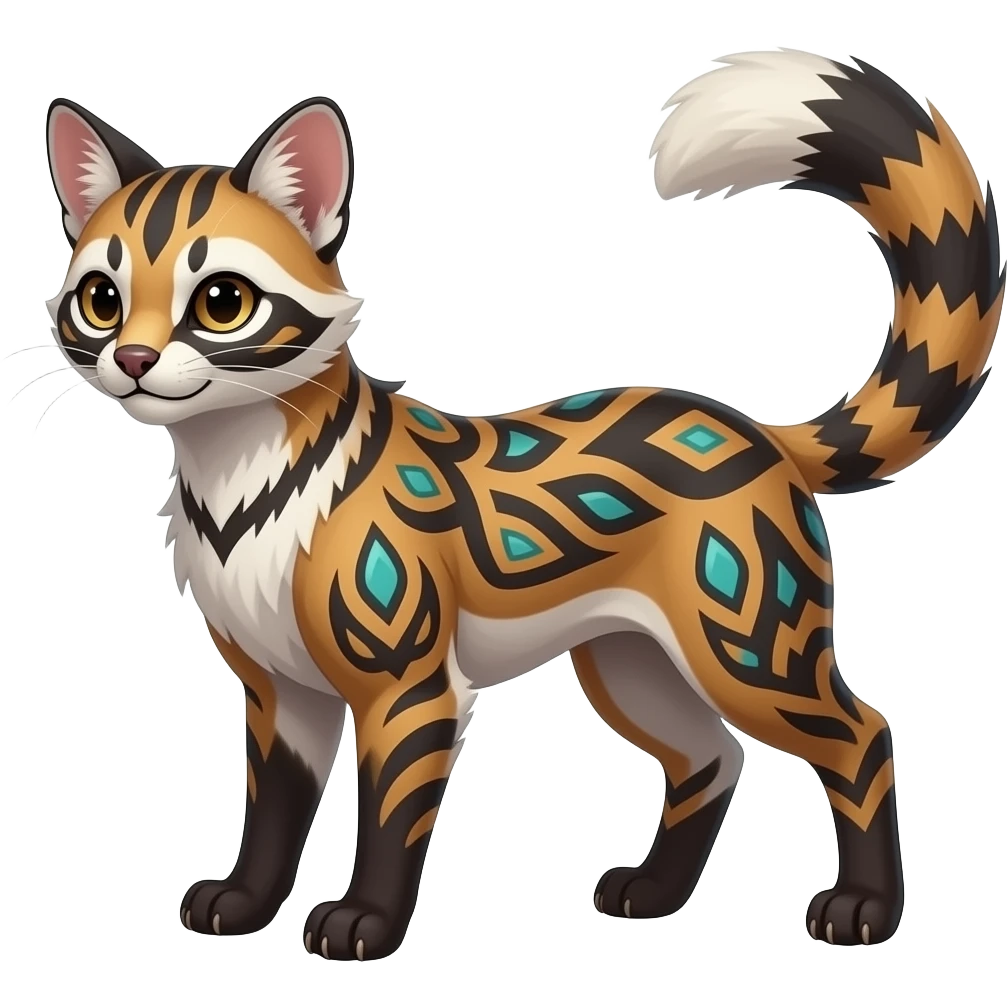 Tribal-patterned aesthetic quadrupedal elegant oriental feral painted Civet-Litten-Luxray-Sprigatito-Furret-Sylveon-animal-Fakémon-fusion-hybrid-creature emoji