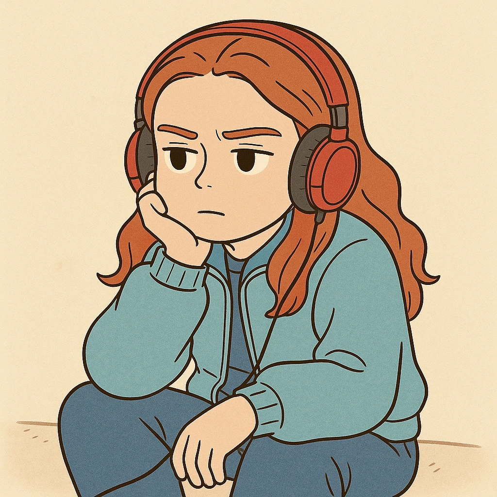 Max Mayfield from Stranger Things with iconic look: sitting listening to music with red headphones, blue jacket, pensive expression, simple line art, light pastel tones, thick outlines, Ghibli style, square 1:1 format. emoji