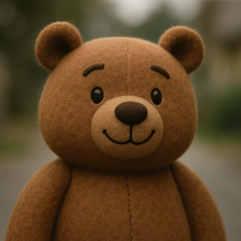 a friendly bear plush portrait, round face, cozy and inviting emoji