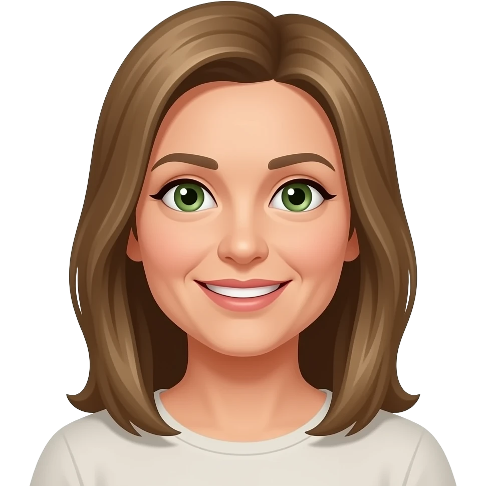 mulher cabelo longo liso loiro escuro, olhos verdes, 50 anos sorriso emoji