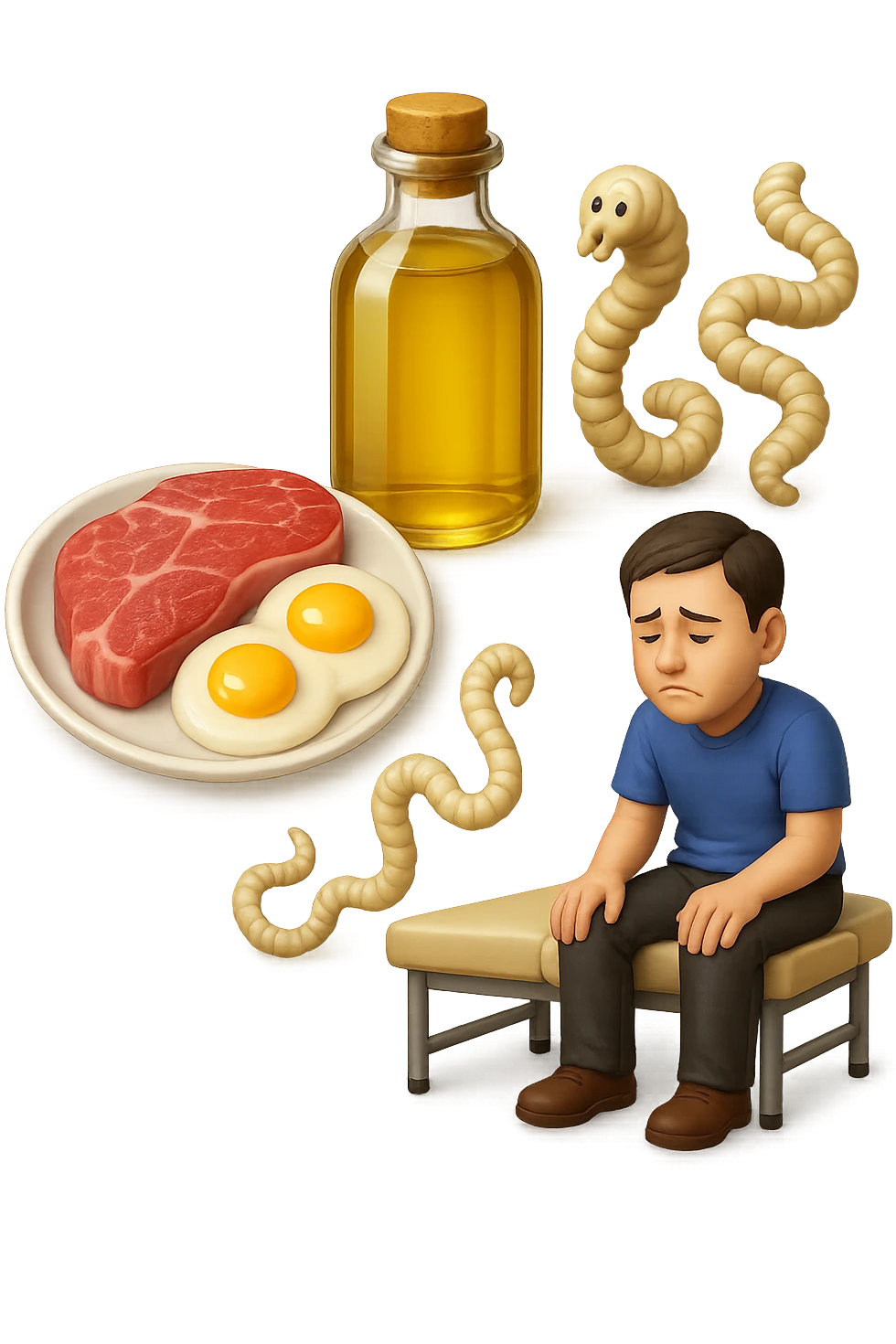 emoji stile iphone di UN PIATTO CON CARNE ROSSA E UOVA, UNA BOTTIGLIA DI OLIO DI SEMI, DUE PARASSITI TIPO LA TENIA, UOMO SEDUTO SU UN LETTINO DA FISIOTERAPISTA, IPERREALISTICO 4K emoji