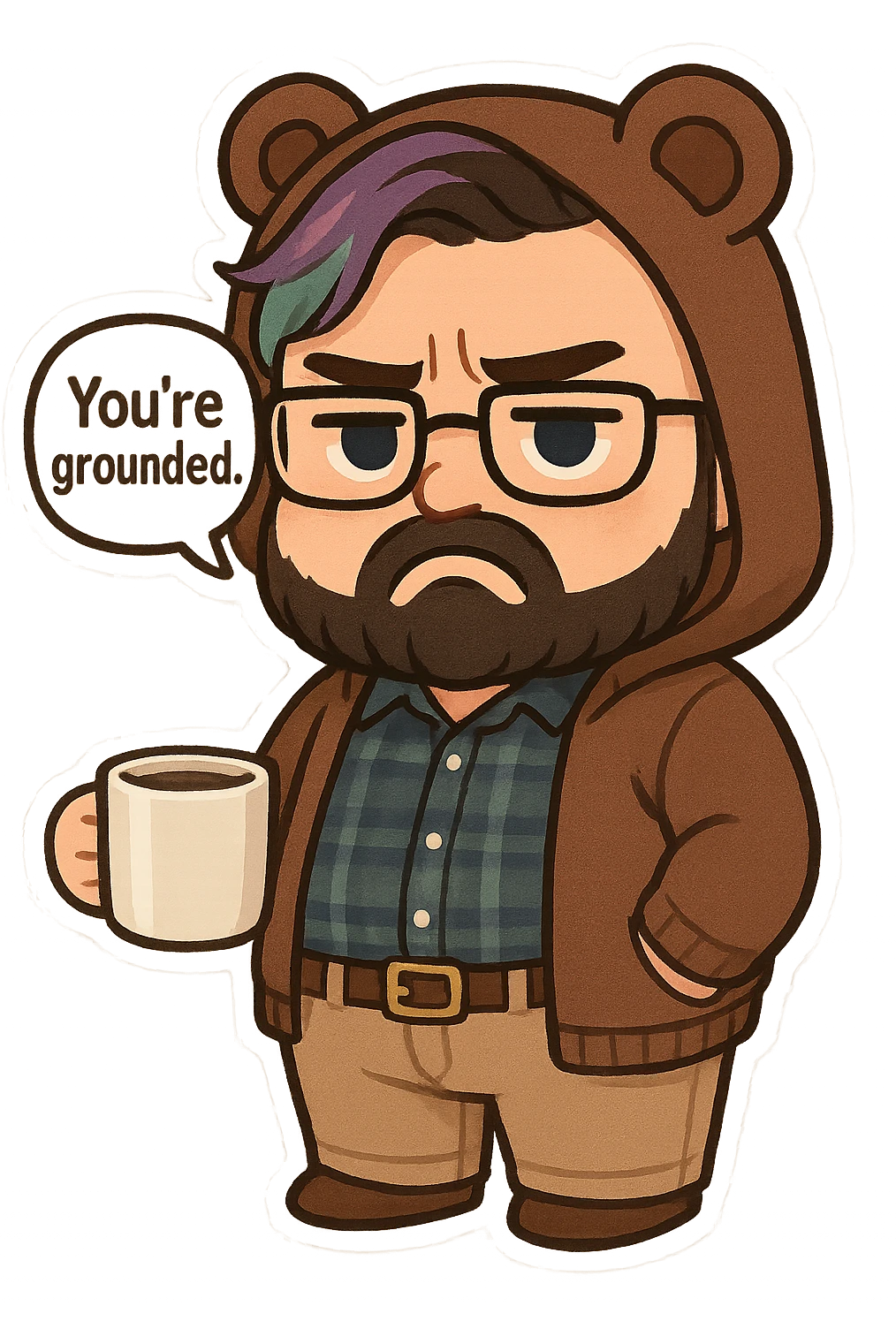 A realism art illustration art style of a plus-sizes man with purple to green ombre streak, black beard, blue eye, glasses, wearing a bear hoodie with ears,  dressed like a dad, holding a coffee mug, You’re grounded speech bubble, frowning  emoji