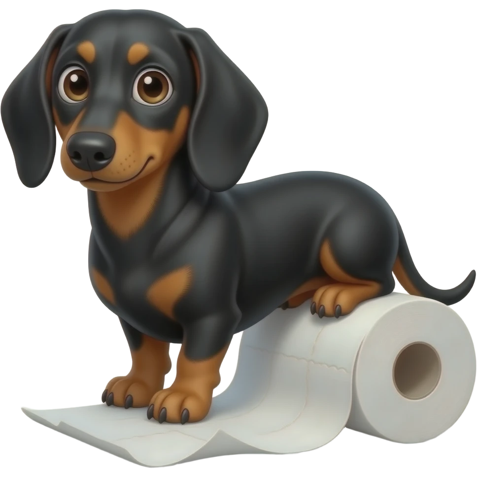 whimsical dachshund wide eyes full body sitting on a toilet paper emoji