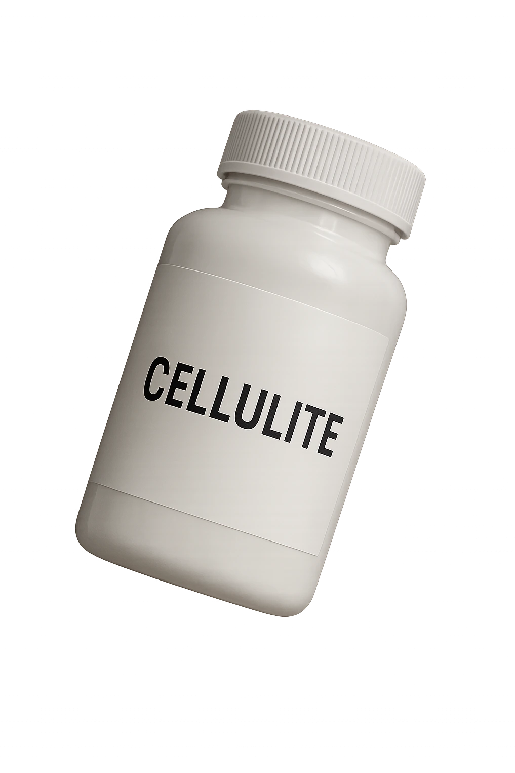 UNA BOCCETTA DI INTEGRATORE BIANCA CON LA SCRITTA "CELLULITE" SULL'ETICHETTA CHE FLUTTUA IN ARIA, IPERREALISTICA 4K emoji