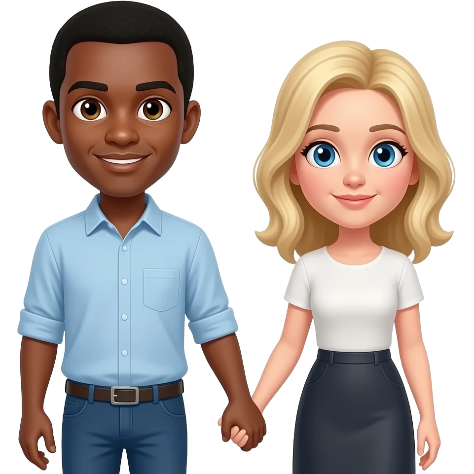 African man with black hair and brown eyes and Caucasian woman with blonde hair and blue eyes full body holding hands emoji