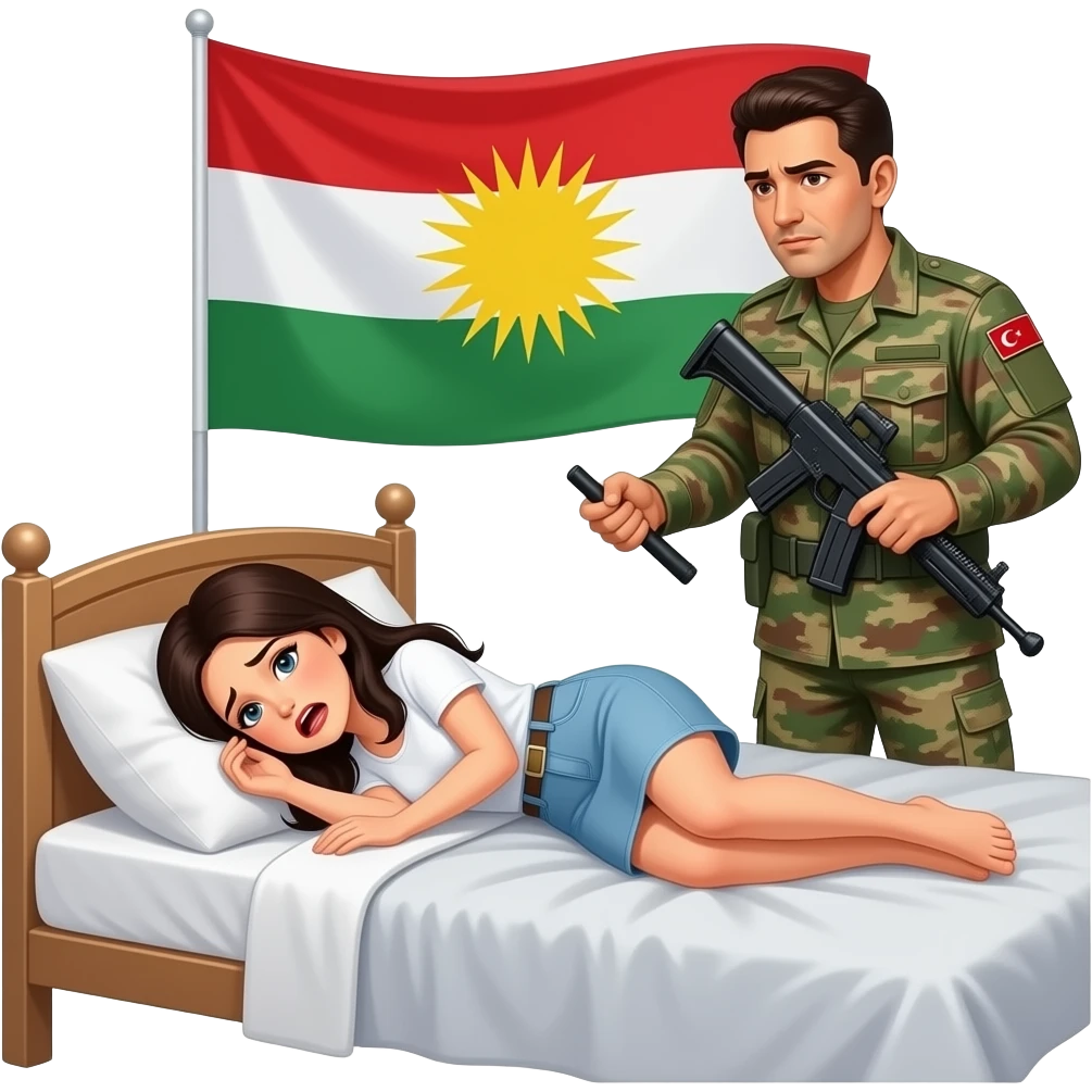 Kelepçeli siyah saçlı beyaz tenli ve mini etekli Kürdistan bayrağı giyen korkmuş bir kadın ve arkasında onu kelepçeleyen azgın bir  Türk asker ve bu ikisi yatakta sevişsin emoji