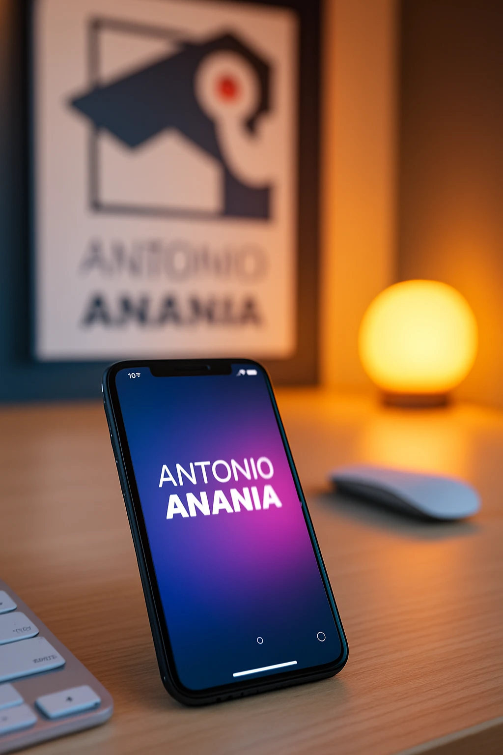 A photo of an iPhone on the desk with the message "Antonio Anania" on its screen, The phone sits atop a desk with a blurred with the logo in the background that suggests work environment. A faint glow from above casts gentle shadows across the surface of each object, creating depth and highlighting their textures emoji