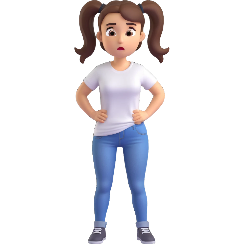 cute 3D mini woman with ponytail hairstyle, wearing white t-shirt and jeans, confused facial expression emoji