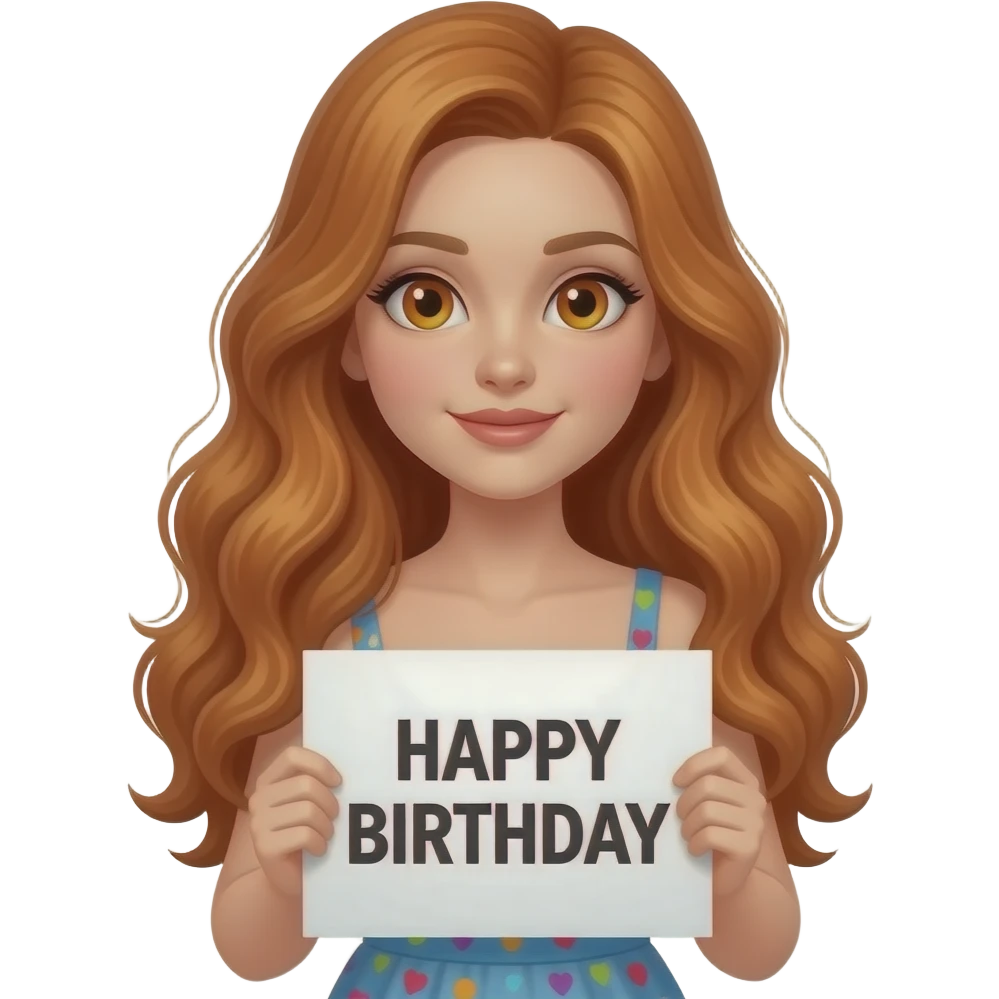 sexy girl with long wavy ginger hair and ginger eyes wearing a birthday dress is holding a white colored sign with HAPPY BIRTHDAY written on it emoji
