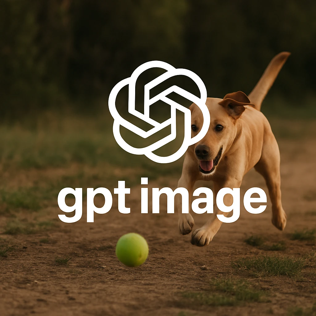  logo of chat gpt with text "gpt image" on the background of a dog chasing ball, realistic image emoji