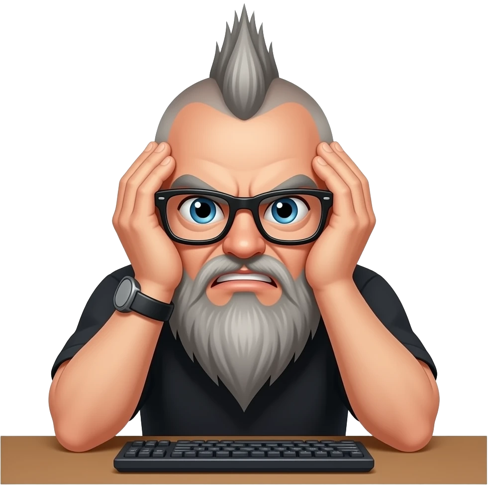 skinhead man with long greyish beard black glasses “Fuuuuuccccckkkkkk….” speech bubble with angry gamer man light skin head in hands elbow on desk emoji