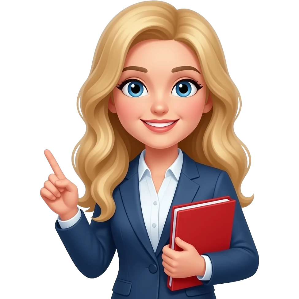 a teacher with long wavy blond hair and blue eyes holding a red folder in the right hand emoji