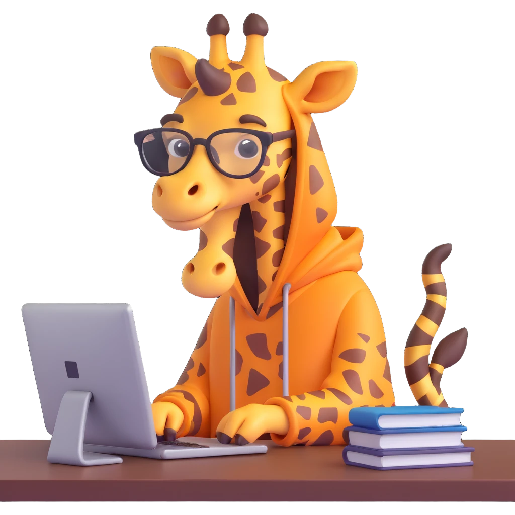3D emoji style of a giraffe with a beard, glasses, and a hood, sitting at a computer, smooth and friendly emoji