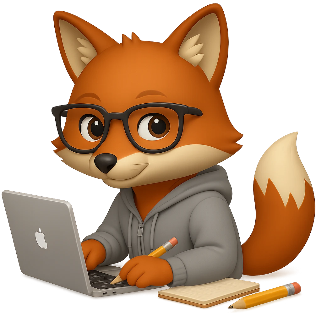Change the pose of the fox so that it is sitting sideways to the laptop, slightly turning its head towards the screen. The fox should wear a gray hoodie and glasses, holding a pencil in one hand with a notebook nearby. The fur should be clear and detailed. The style should resemble emoji style. No background (transparent). emoji