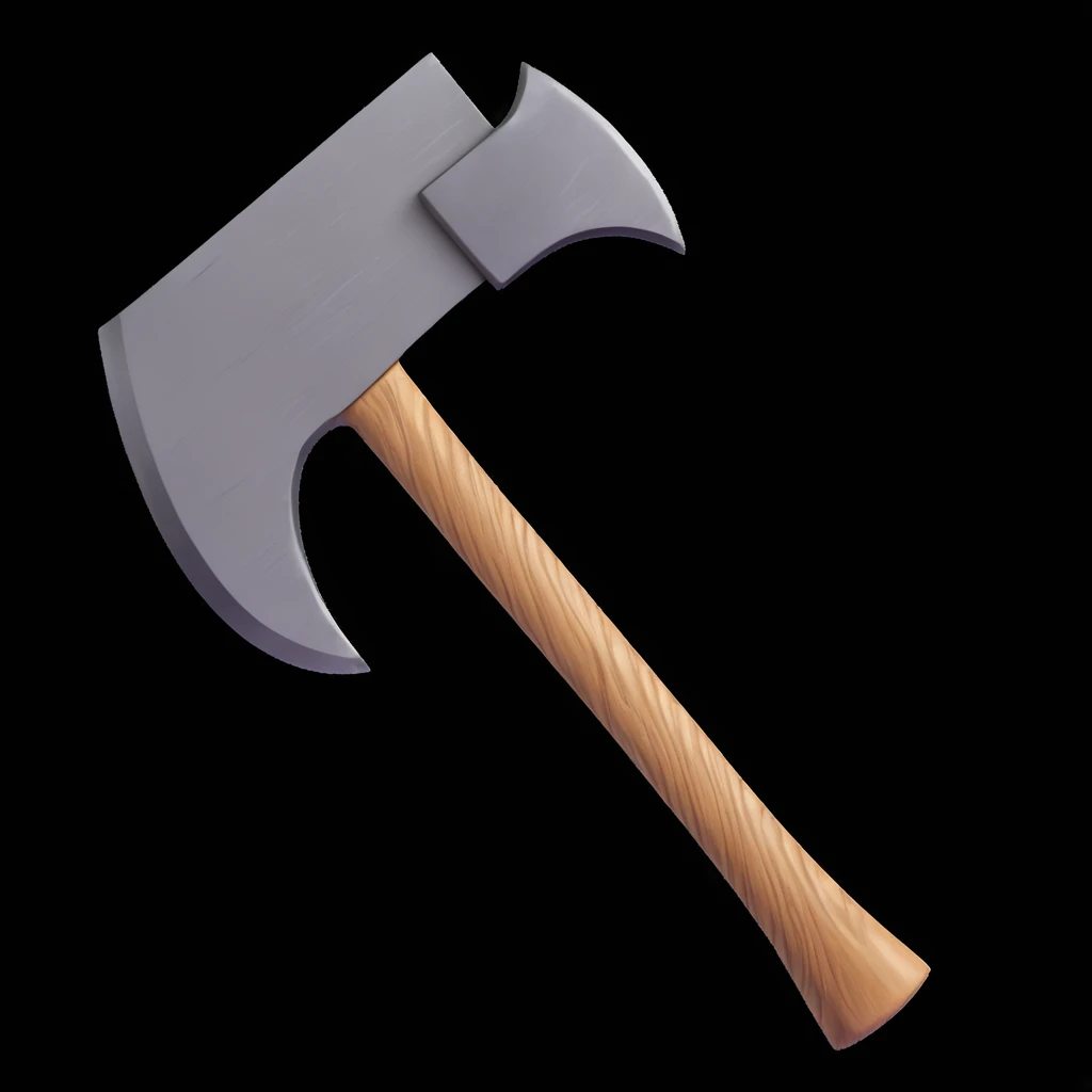 3D emoji style cartoon Stone Age hand axe, with a textured light brown wooden handle, thick rope binding, and a rough gray stone blade. Centered on white, with soft shadows and glossy highlights for a polished emoji effect. emoji
