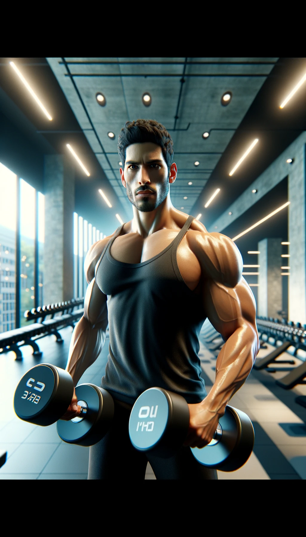 uomo in una palestra che fa un esercizio con manubri da palestra in mano, sfondo chiaro e minimal sfocato della palestra moderna, iperrealistica 4k emoji
