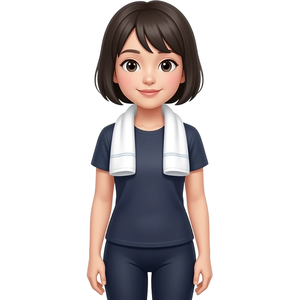 short haired east asian girl wearing drifit shirt and leggings with a face towel hanging around her neck emoji
