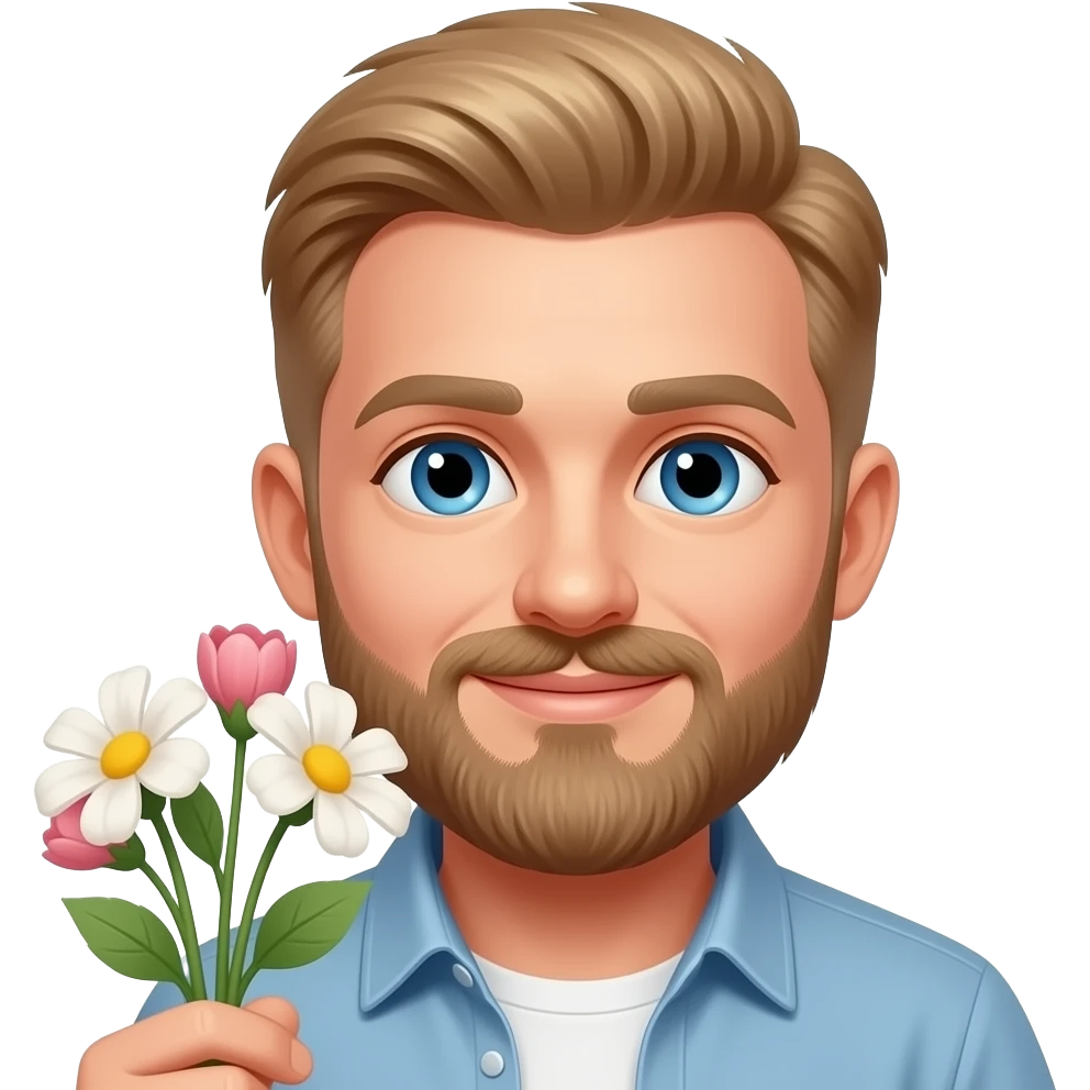 White man with short hair, full blond and brown beard with blue eyes holding flowers emoji
