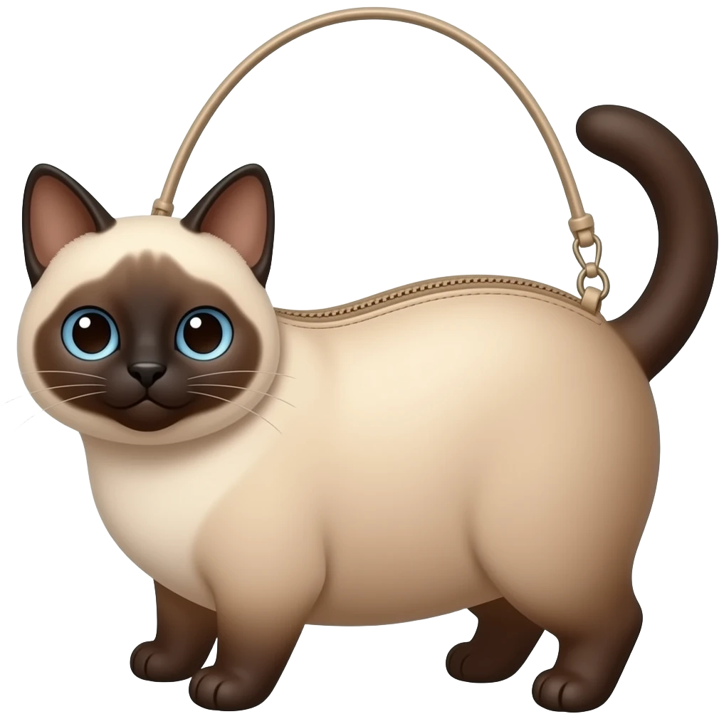 Siameese cat light tan color with dark brown face cute. The cat is a purse so a purse cat. Cat sitting with legs not visible and it has a opening with a zipper Emoji emoji