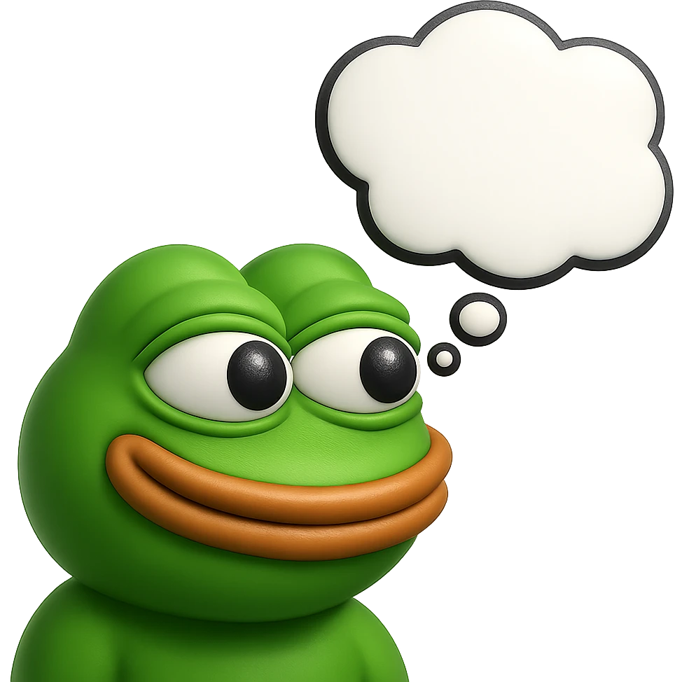make a pepe in bright green smiling with thought bubble looking at right side in 3d style, good highlights and shadows, drop shadows emoji