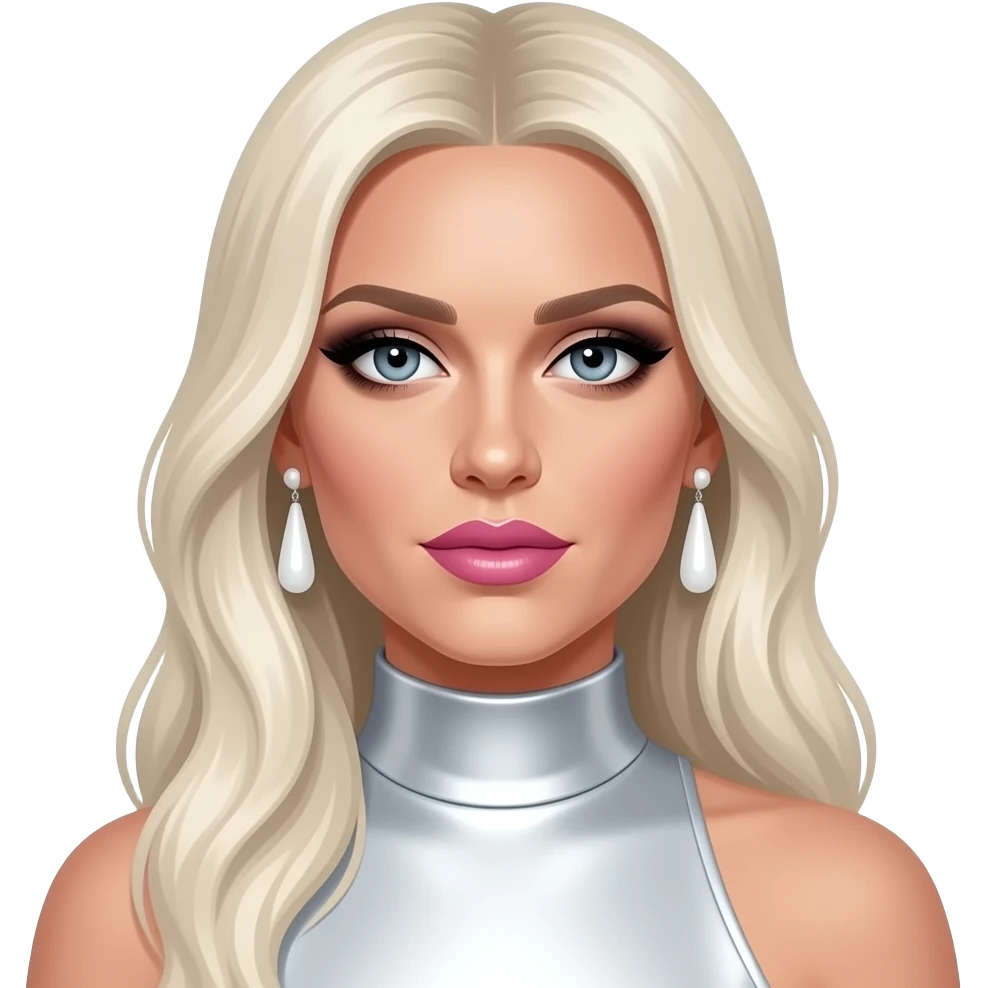 Ke$ha with grey-blue eyes, long platinum blonde hair, black eyeshadow, pink lipstick, white metallic high neck dress, white earrings emoji