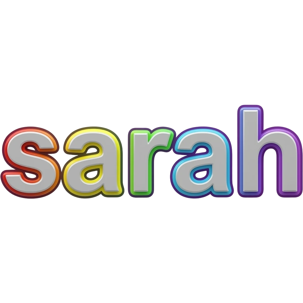 name "sarah" in grey typography lettering, each color of the rainbow as a border outlined around each letter, isolated, 3d rendering, no emoji icons no emoji faces and must have no human figures emoji